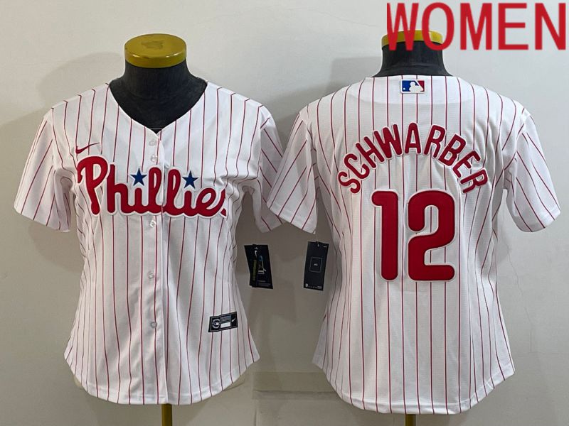 Women Philadelphia Phillies #12 Schwarber White Stripe Game Nike 2022 MLB Jersey->women mlb jersey->Women Jersey